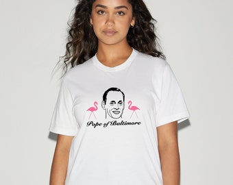 John Waters portret 'Paus van Baltimore' t shirt, tshirt, cult filmregisseur, filmliefhebber cadeau, roze flamingo's