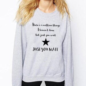 K&ouml;nnte beinhalten: Grauer Pullover mit einem schwarzen Stern und dem Text "There's a million things I haven't done but just you wait JUST YOU WAIT"