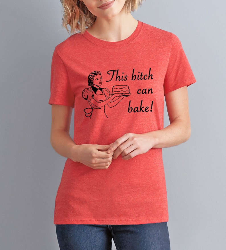 This Bitch Can Bake t-shirt unisex tee shirt baking cupcakes retro housewife Heather red