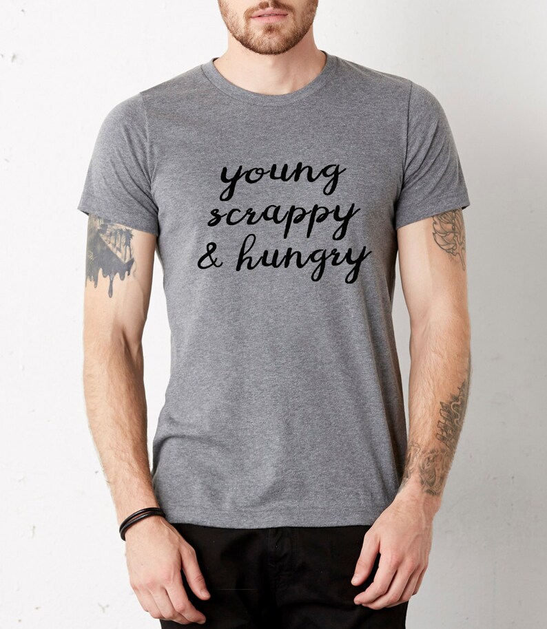 Hamilton Young Scrappy and Hungry t shirt, unisex tshirt, musical theater Deep grey/black ink