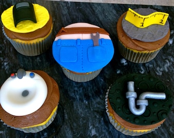 Plumber or Welder themed handmade edible fondant cupcake toppers by FancyTopCupcake