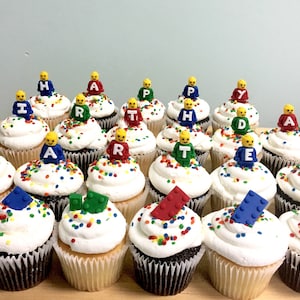 Mini figures with or without Happy Birthday. Edible fondant toppers made by FancyTop Cupcake