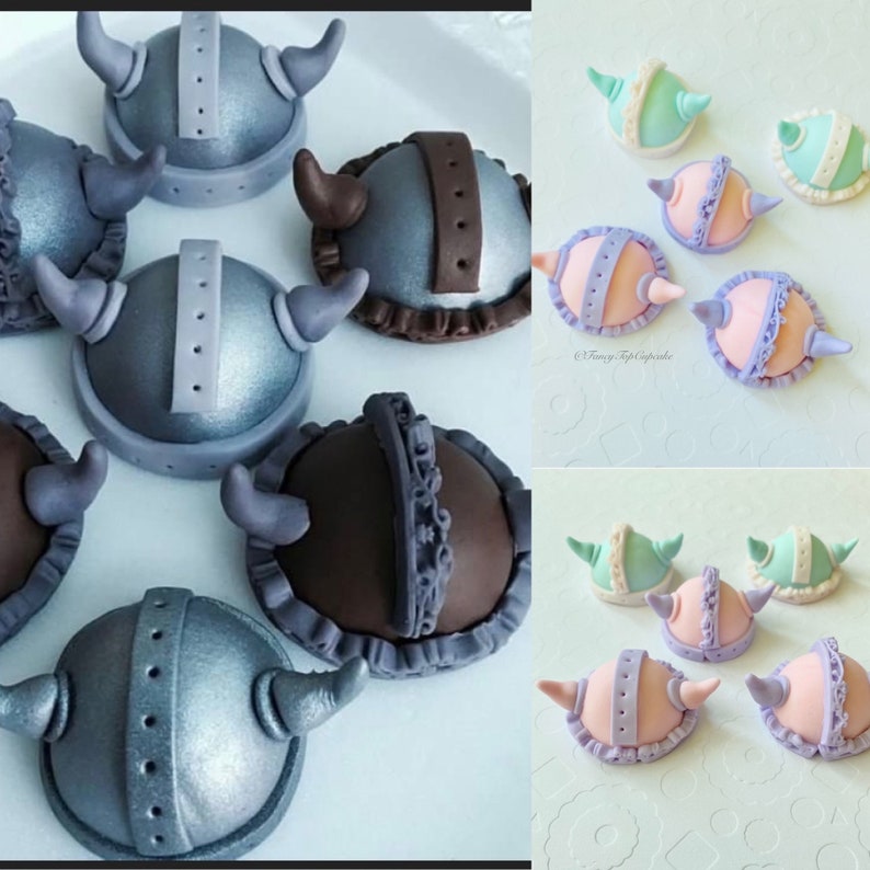 May include: Assortment of decorated cake toppers in various colors and designs. Some toppers are shaped like helmets, others are shaped like flowers. The toppers are made of fondant and are perfect for decorating cakes and cupcakes.