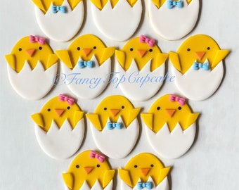 Baby Chicks handmade edible fondant cupcake toppers made by FancyTopCupcake. Great for Easter or a Baby shower/ Reveal party.