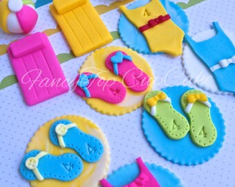 Beach and Pool Themed handmade edible fondant cupcake toppers made by FancyTopCupcake