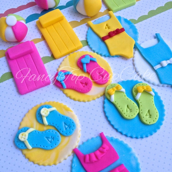 Beach and Pool Themed handmade edible fondant cupcake toppers made by FancyTopCupcake