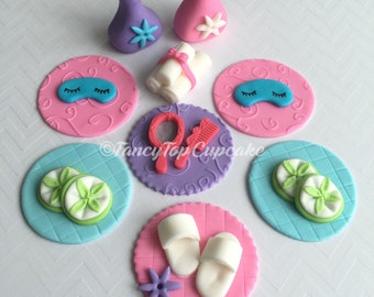 12 Spa/relaxation day themed fondant toppers handmade by FancyTop Cupcake.