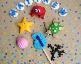 The Under the Sea set!! Crab Turtle, Starfish, clam, name, age handmade edible fondant Cake or cupcake toppers handmade by FancyTop Cupcake