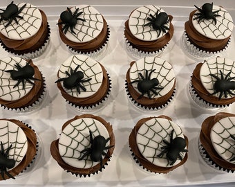 Halloween (10) Spider with Web handmade edible fondant cupcake toppers made by FancyTopCupcake