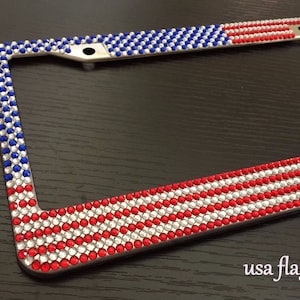 USA AMERICAN FLAG Diamond Bling Rhinestone Handmade Metal License Plate Frame for any Car [red , white, blue]