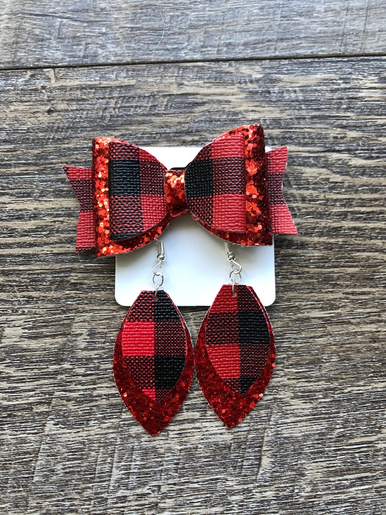 Earring Set Red Black Buffalo Plaid Christmas Hair Bow Mommy /& Me Bow