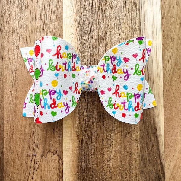 Happy Birthday Bow with Balloons Birthday Hair Bow | Layered Classic on Hair Clip or Headband