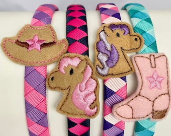 Horse Headband- pony headband-headbands for girls- cowgirl cowboy- boot hat- pink horse- purple horse- pony birthday party