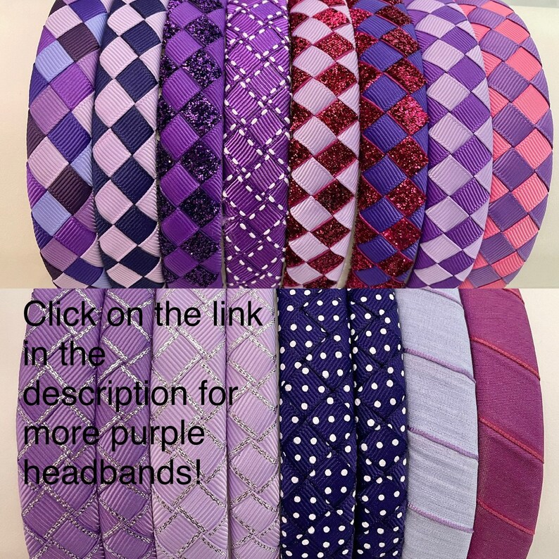 May include: Assortment of purple and pink headbands with various patterns, including checkered, polka dot, and striped designs.  Click on the link in the description for more purple headbands!