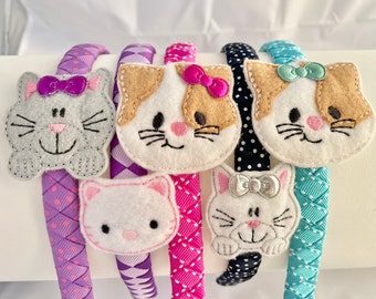 Cat headband- kitten headband- kitty headband- headbands for girls- headband for women- purple kitty- bow gray tan white brown