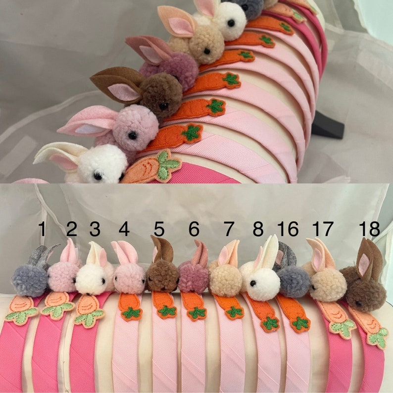 May include: A set of 10 pink headbands with fuzzy bunny ears and carrot embellishments. The bunnies are in various colors, including gray, pink, brown, and white.