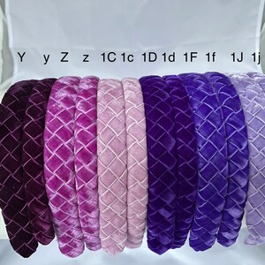 May include: Ten velvet headbands in various shades of purple, from dark to light, with a quilted diamond pattern. The headbands are labeled with letters and numbers, including Y, y, Z, z, 1C, 1c, 1D, 1d, 1F, 1f, 1J, and 1j.