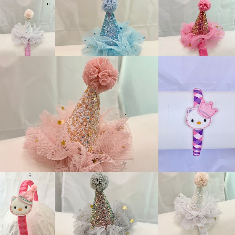 May include: A set of ten party hats for girls, each with a different color tulle and glitter design. The hats are decorated with gold stars and come with a matching headband.