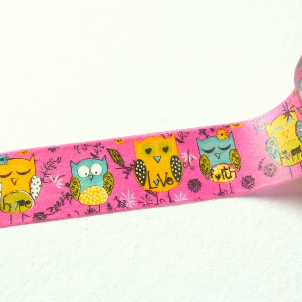 Cute Yellow Owls on Pink Washi Tape 15mm x 10m