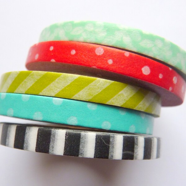 Set of 5 Slim Red Blue Green Dots Stripes Washi Tapes 5mm x 10m