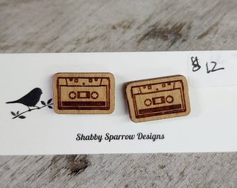 Cassette Wood Laser Cut Hypoallergenic Stud Earrings