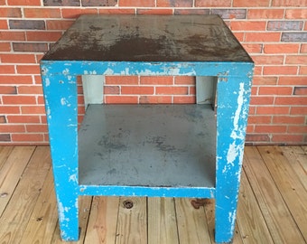 Vintage Square Steel Work Table Blue Paint Two Tier Bar Entertainment Center Industrial Decor