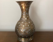 Antique Egyptian brass vase with silver copper inlay hieroglyphic figures - 16 1 8 quot Tall