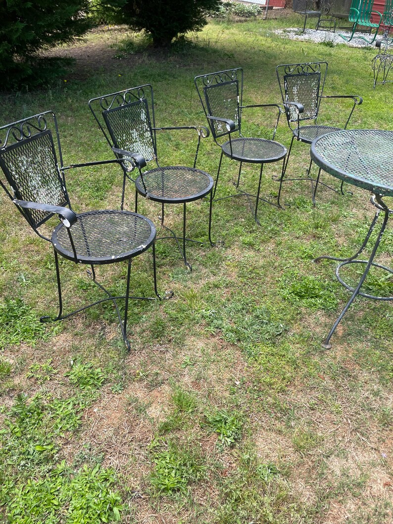 Vintage Wrought Iron Patio Set Bistro Table 4 Chairs Black Etsy