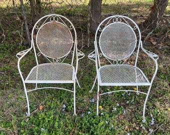 Vintage Pair of Wrought Iron Mesh Garden Armchairs Stackable