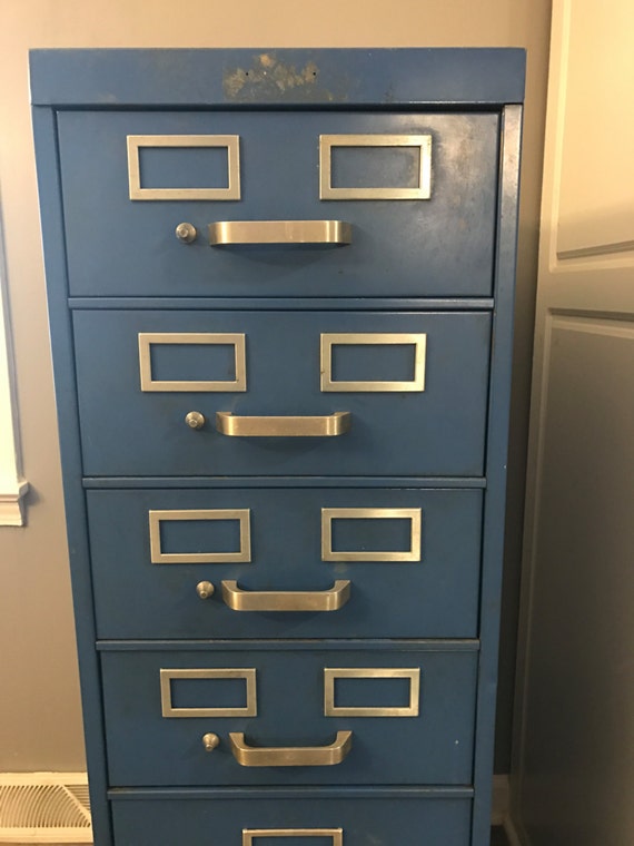 Vintage Tall Steel Filing Cabinet 6 Drawers Blue Metal Etsy