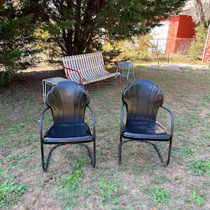 Vintage Set of Two Shellback Metal Motel Chairs Cantilevered Black Paint Mid Century