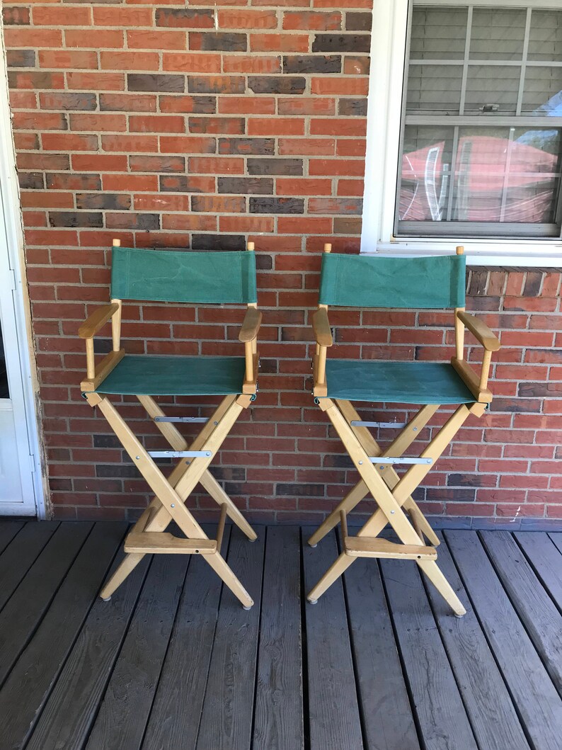 Vintage Pair of Two Tall Director Chairs Bar Stools Wood Frame Green