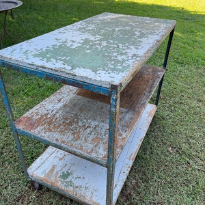 Vintage Industrial Steel Cart on Casters 3 Wood Shelves