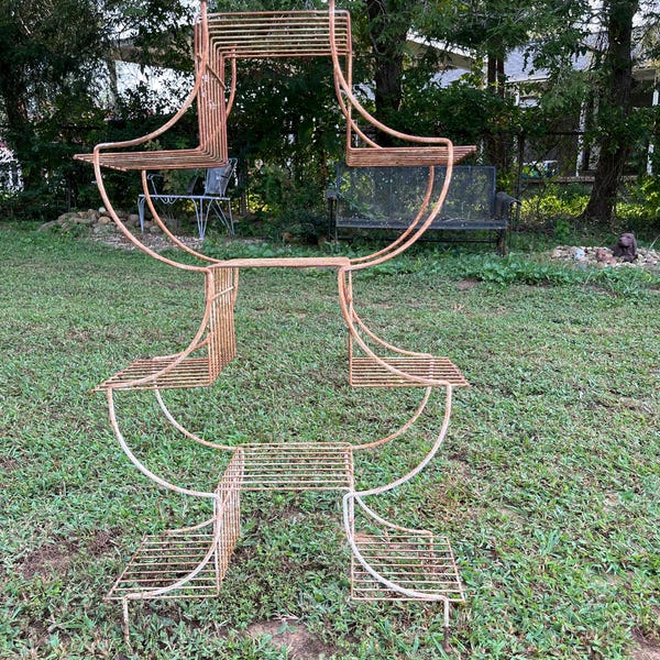 Vintage Mid Century Modern Atomic Iron Plant Stand, Shelf
