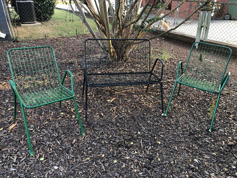Vintage 3 Piece Emu Rio Style Metal Patio Set Bench And Two Chairs Mid Century
