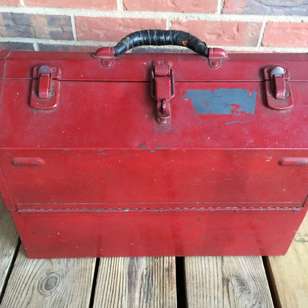 Vintage Large Red Metal Fishing Tool Box Top Opening Industrial