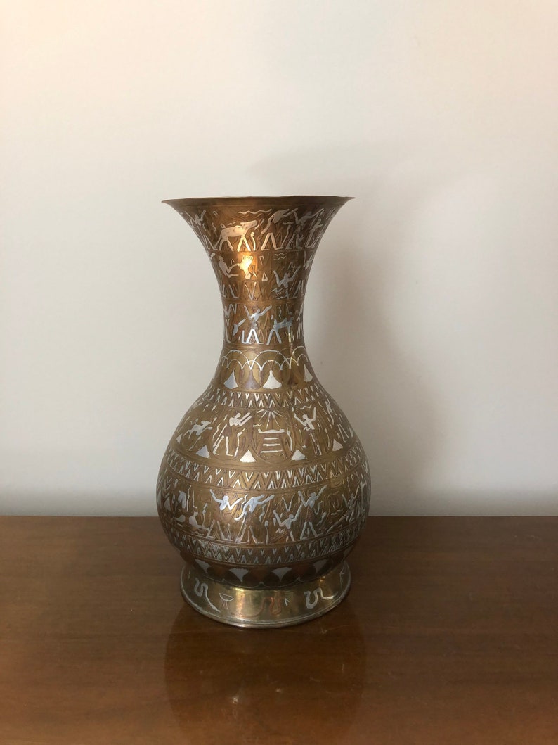 Antique Egyptian brass vase with silver copper inlay Etsy