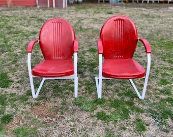 Vintage Set of Two 2 Mid-Century Steel Metal Patio Chairs Spring Bouncer Arm Chairs