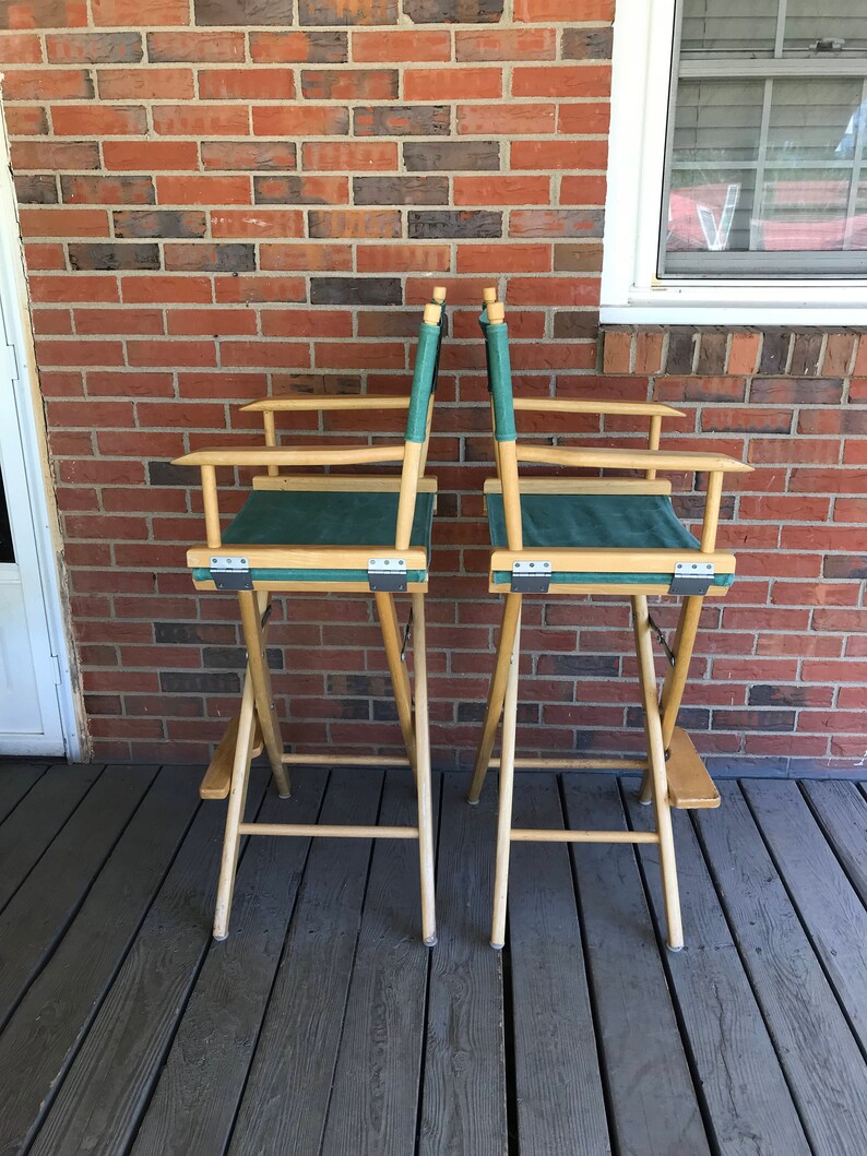Vintage Pair of Two Tall Director Chairs Bar Stools Wood Frame Green Canvas Folding Chairs