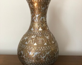 Antique Egyptian Brass Vase With Silver Copper Inlay Hieroglyphic