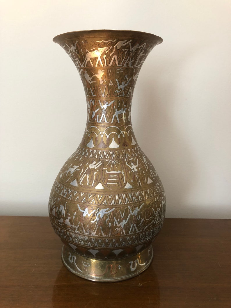 Antique Egyptian brass vase with silver copper inlay Etsy Antique egyptian brass vase with silver copper inlay