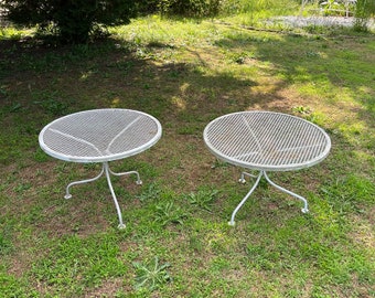 Pair of Two Vintage Round Wrought Iron and Mesh Patio Tables