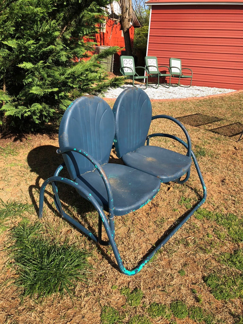 Vintage Mid Century Metal Patio Glider Shellback Seats Blue Etsy