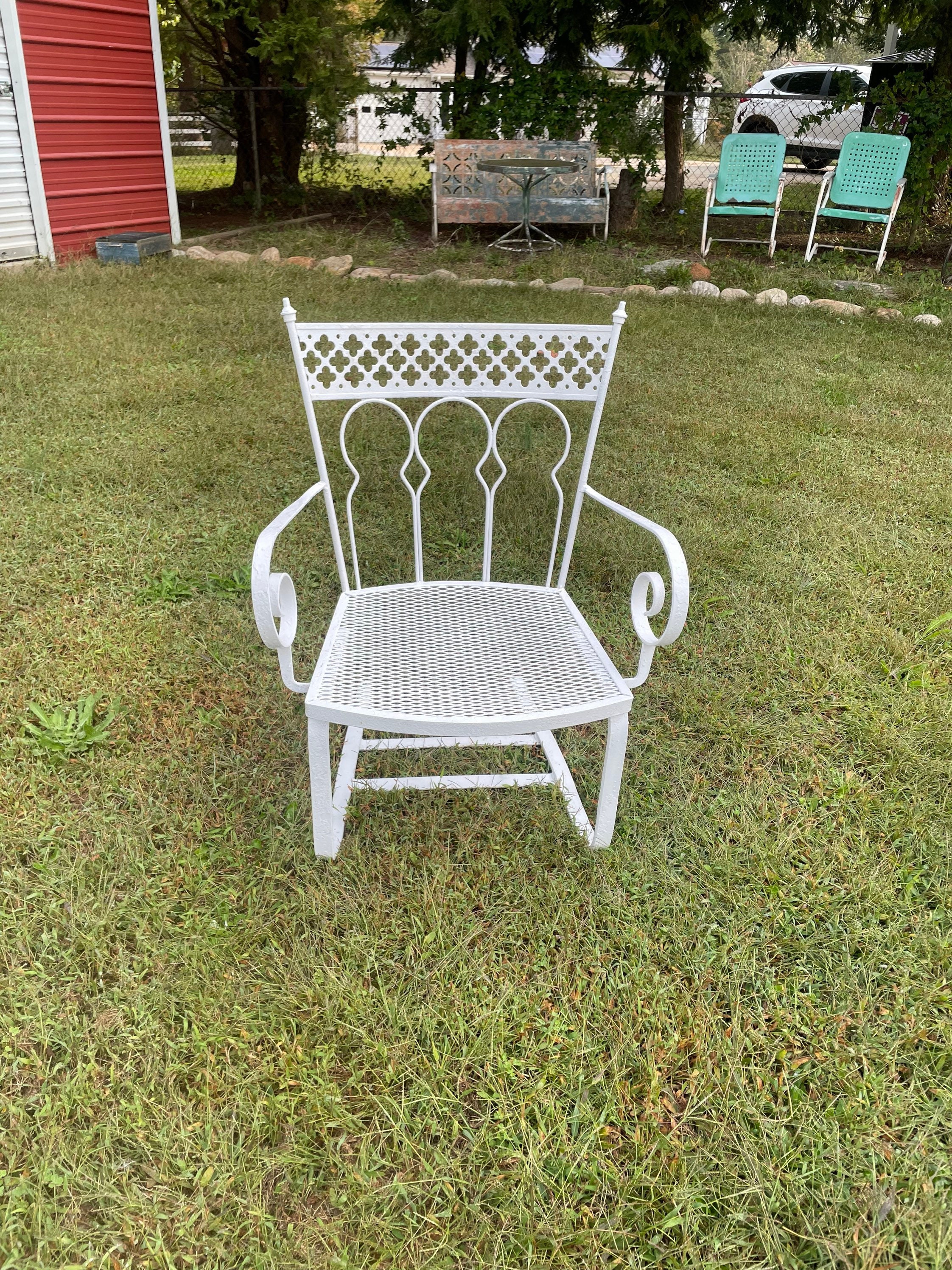 Vintage Patio Wrought Iron Bouncer Chair Cantilevered White Paint