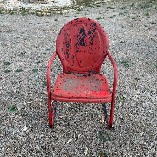 Vintage Weathered Metal Motel Patio Chair Rustic Cantilevered Red Paint