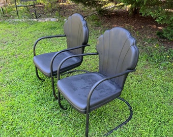 Vintage Set of Two Shellback Metal Motel Chairs Cantilevered Black Paint Mid Century
