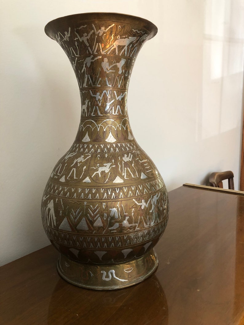 Antique Egyptian brass vase with silver copper inlay Etsy