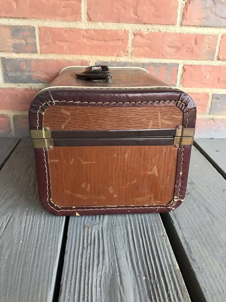 Vintage Train Case Leather Trim Brown Etsy