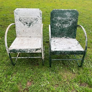 Vintage Set of Two Early Steel Metal Motel Patio Chairs, Green and White Chippy Paint