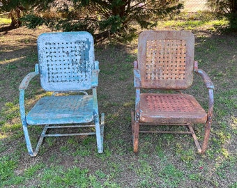 Vintage Set of Two 2 Mid-Century Steel Metal Patio Chairs Spring Bouncer Arm Chairs